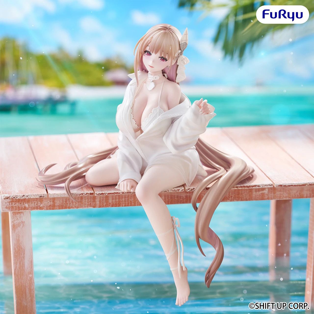 FuRyu Goddess of Victory: Nikke Viper  "Shine of Love" version of their Noodle Stopper Figure in a white swimsuit and an oversized shirt
