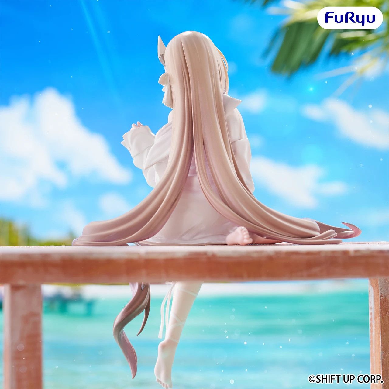 FuRyu Goddess of Victory: Nikke Viper  "Shine of Love" version of their Noodle Stopper Figure in a white swimsuit and an oversized shirt